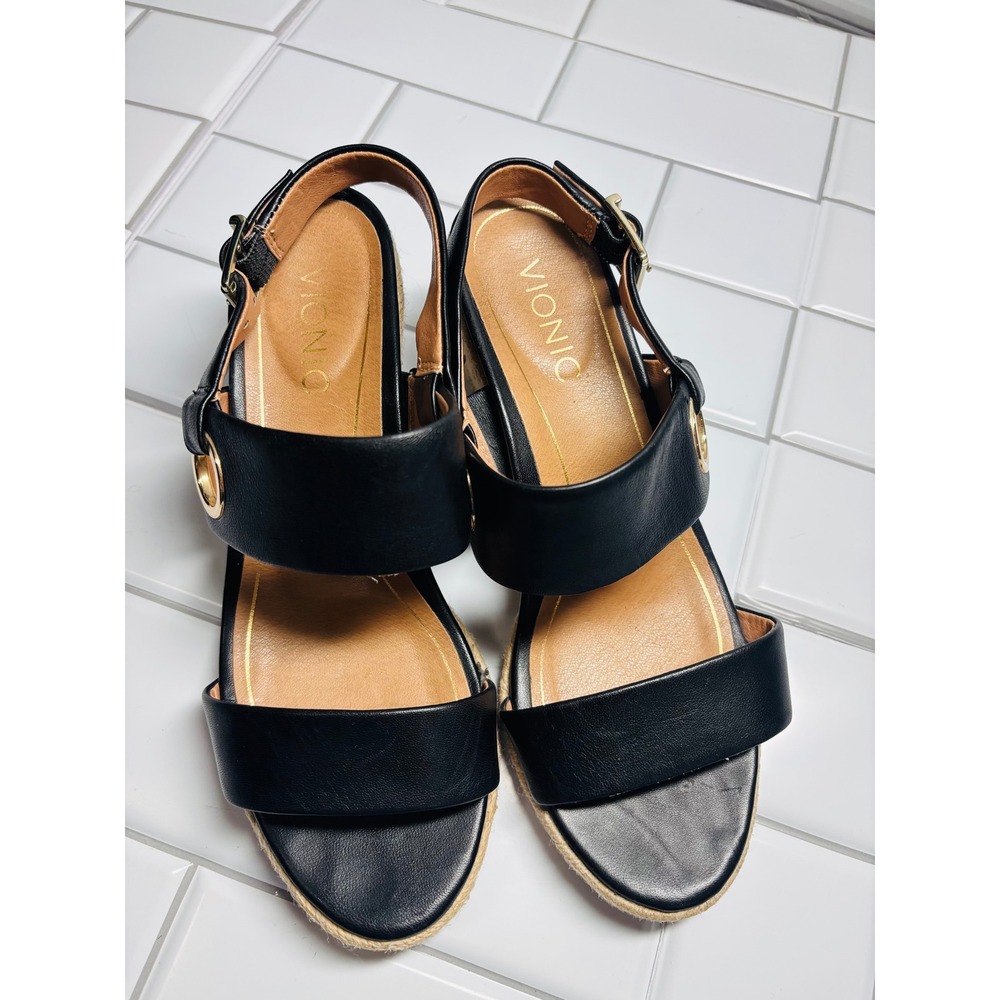 Vionic Tulum Vero Espadrilles Wedge Sandals Black Leather Jute Size 8 - Picture 11 of 13